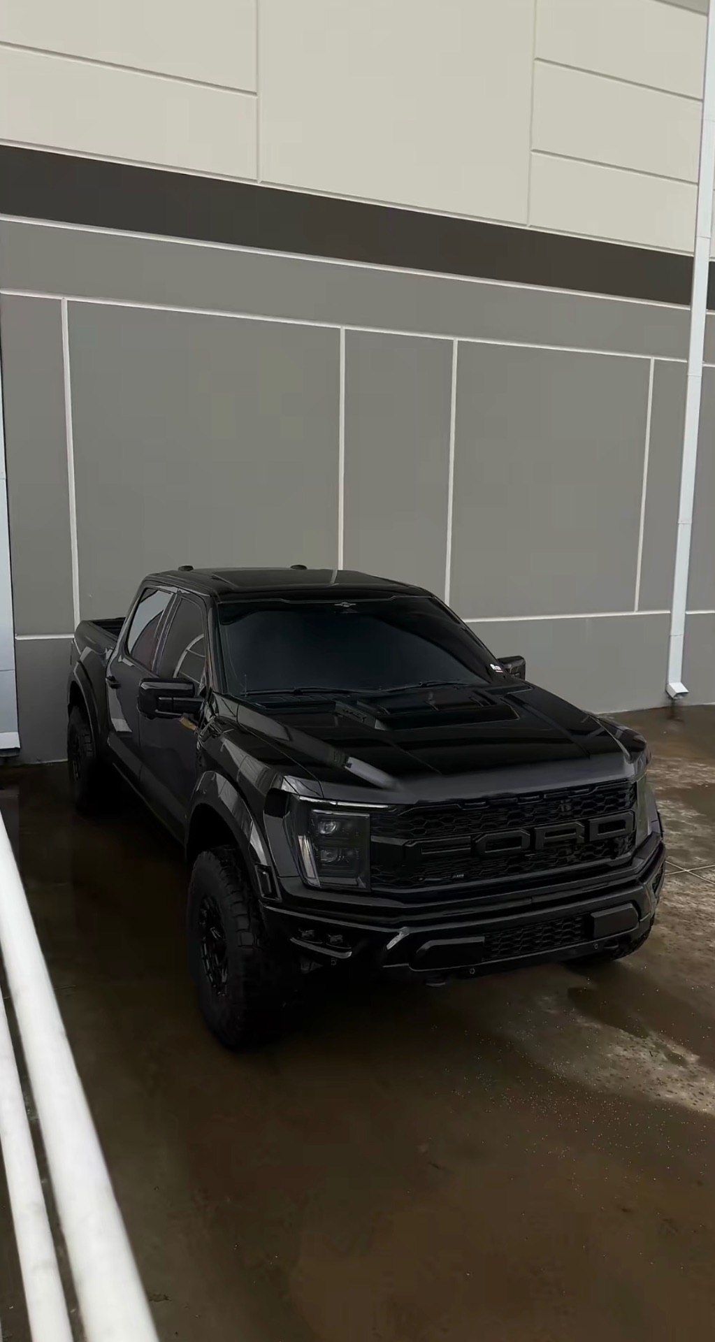 Black pickup truck after detailing outside a building